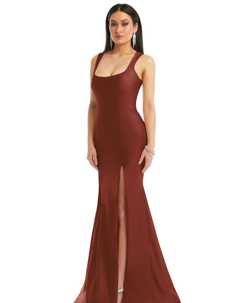 Front of a model wearing a size XL Square Neck Stretch Satin Mermaid Dress with Slight Train in Auburn Moon by Cynthia & Sahar. | dia_product_style_image_id:301214